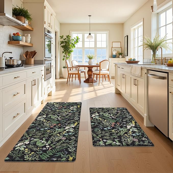 SHACOS Botanical Kitchen Rugs Set of 2 Spring Anti-Fatigue Kitchen Mats Black Green Leaf Cushioned Mats with Leaves Herb Greenery Farmhouse 17x27.5+17x47, Vintage Plants