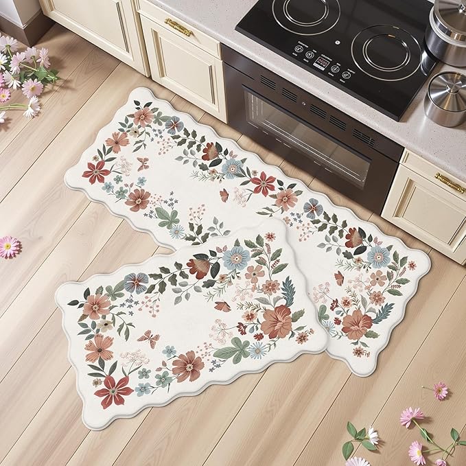 Collive Kitchen Mats Cushioned Anti Fatigue, Scalloped Waterproof Kitchen Floor Mat Beige Sink Rug 2 Piece Non Slip, Comfort Desk Standing Rugs for Bedroom, Office, Laundry