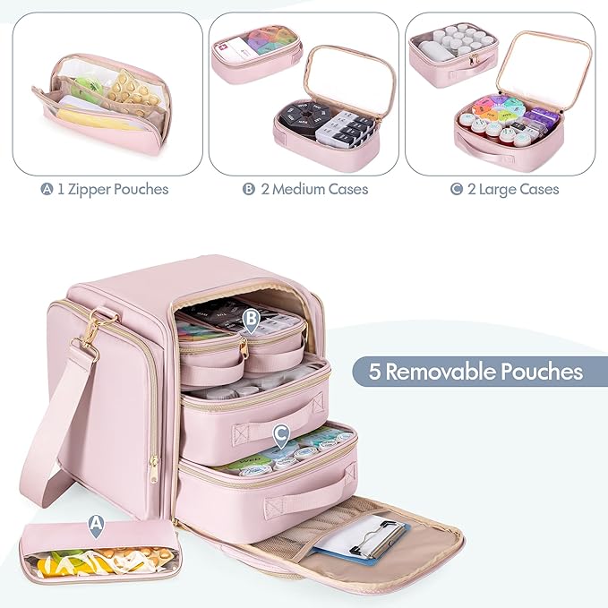 Medicine Storage Bag with 5 Removable Pouches, Pill Bottle Organizer Bag with Shoulder Strap, Large Medication Travel Bag for Medical Supplies, Pink(Only Empty Bag)