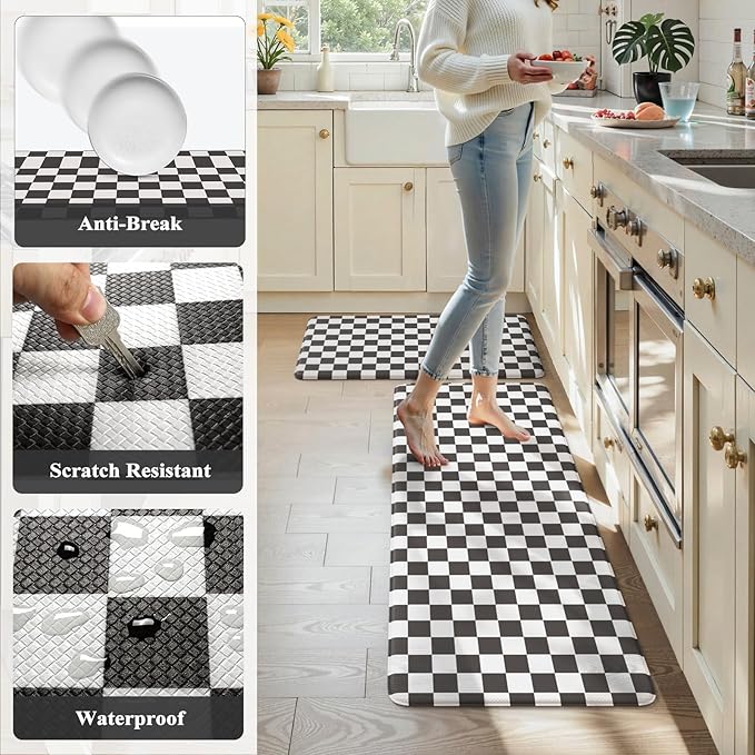 KIMODE Anti Fatigue Kitchen Mats for Floor, Black and White Plaid Kitchen Rugs Sets of 2, Cushioned Kitchen Floor Mats, Non Slip Standing Desk Mat for Sink Laundry Office Desk 20"x47"+20"x32"
