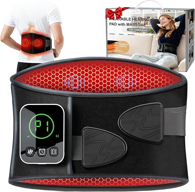 Graphene-Infused Cordless Heating Pad with Massager for Back, 5000mAh Rechargeable Portable Lower Back Massager with 3 Heat 3 Vibration with 20/30/40 mins Timer Options, Gifts for Women Men Mom Dad