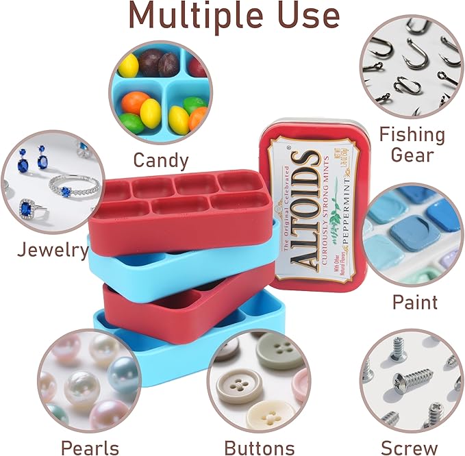 Luvcosy 4 Pack Silicone Tin Organizer Inserts Compatible with Altoids Mint Tins 1.76oz, Food-Safe Tin Divider for Weekly Pills, Candy, Screws, Fishing Gear, Paint Supplies, Jewelry Storage