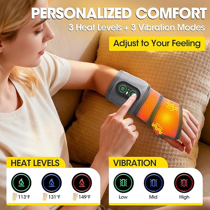 Cordless Wrist Heating Pad Wrap for Arthritis and Carpal Tunnel, Rechargeable Heated Wrap Pad Wrist Massager for Hand Pain Relief, Red Light Heated Therapy Brace for Wrist to Woman Man and Elder, Gray