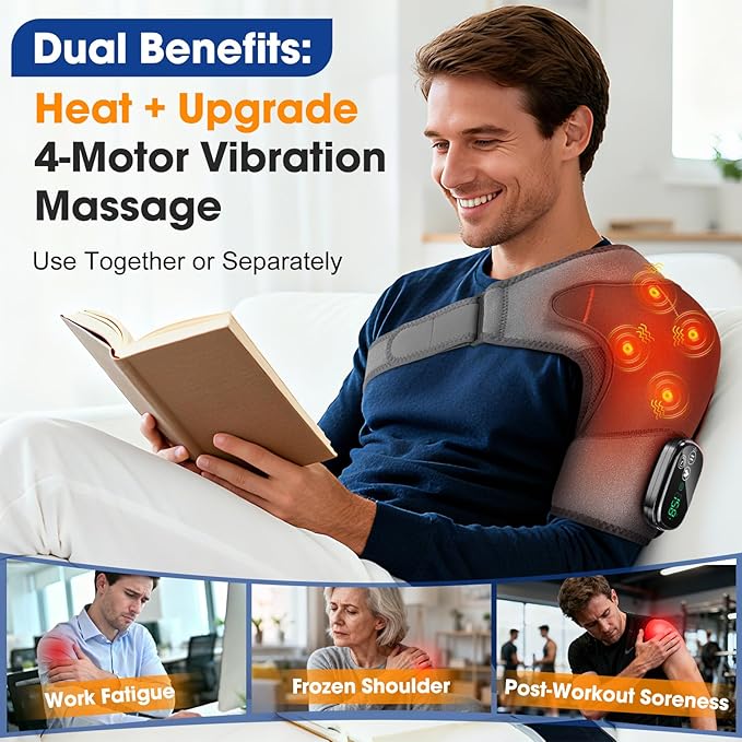 Upgraded Cordless Shoulder Heating Pad with Vibration, Rotator Cuff Pain Relief Pad with 4 Motors & Larger Heating Area, 5 Heat & Vibration Modes & 3Timer, 5000mAh Battery, Portable Shoulder Massager