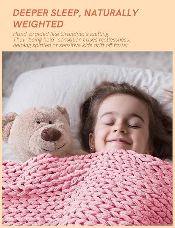 YnM Cooling Weighted Blanket, 100% Cotton Handmade Chunky Knitted Blanket, Weighted Lap, Breathable Heavy Blankets, Machine Washable Throw for Sleep or Home Decor (Light Pink, 40x50 Inch, 7lbs)