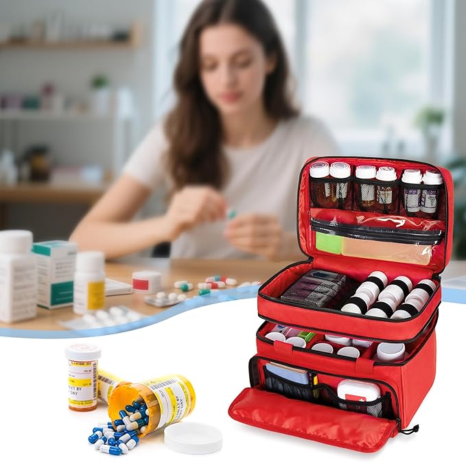 CURMIO Tactical Pill Bottle Organizer Case, Double Layers Medicine Storage Bag for Medication Bottles, Vitamins, Medical Supplies, Red (Bag Only)