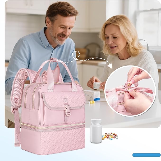 Fasrom Medicine Travel Bag Backpack with Insulated Compartment & Waterproof Mat, Double Layer Pill Bottle Organizer for Prescription, Vitamins and Medical Supplies, Pink (Empty Bag Only)