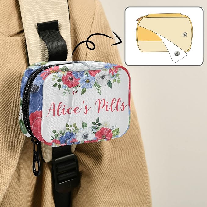 Custom Pill Box 7 Day Pill Case Bag Vintage Watercolor Flowers Personalized Name Travel Pill Organizer Bag with Zipper Portable Weekly Case Compact Size for Vitamin Supplement Holder