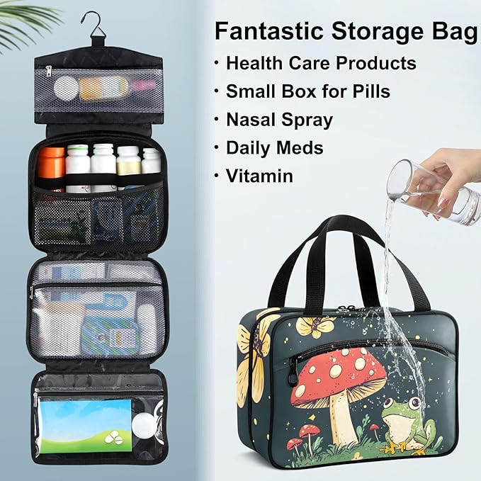 Fustylead Cute Frog and Red Mushroom Butterfly Travel Medicine Organizer Bag Home Storage First Aid Kit Large Pill Case with Zipper for Pill Bottle, Vitamins, and Medical Supplies
