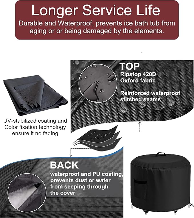 GS Alderaul Portable Ice Bath Tub Cover - Dustproof, Waterproof with Windproof Hem - Outdoor Ice Bath Barrel Cover for Cold Plunge Tub