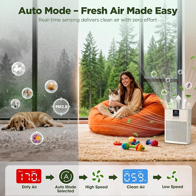 Air Purifiers for Home Large Room up to 2180 Sq Ft, DBFIT HEPA Air Purifier with Washable Nylon Pre-Filter, PM2.5 Air Quality Sensor, Air Cleaner for Pet Hair, Odor, Smoke, Dust, Pollen AP2410
