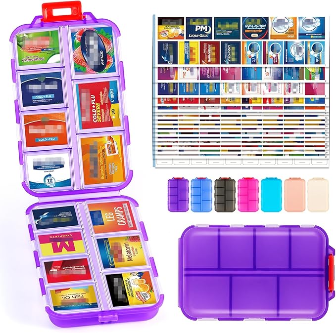 Travel Pill Organizer with Bulk Stickers & Labels - Small & Portable Daily Medicine Pharmacy for Pocket, Bag - 14-Compartment Foldable Supplement Box Holder for Fish Oil Vitamin - Clear Purple