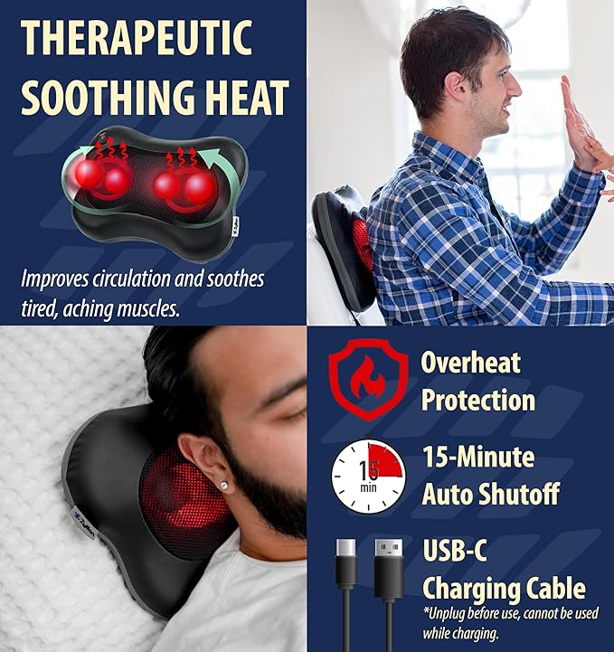 Zyllion Shiatsu Back and Neck Massager with Heat - Cordless Rechargeable 3D Electric Kneading Deep Tissue Massage Pillow with 2 Speeds for Muscle Pain Relief, Black, ZMA-34RB