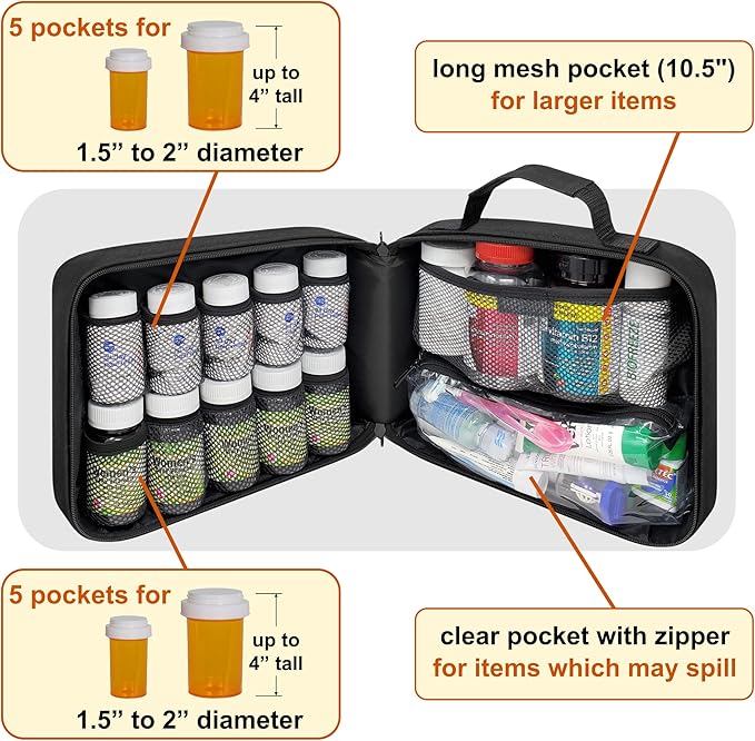 Large Pill Bottle Organizer With Emergency Card - 10 Pockets Medicine Bag for Travel & Home Storage - Black