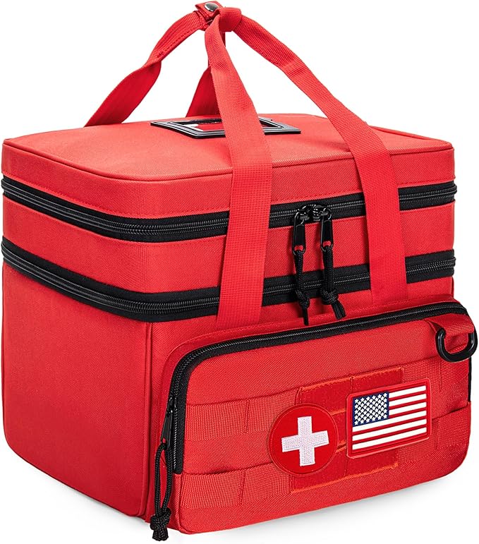 CURMIO Tactical Pill Bottle Organizer Case, Double Layers Medicine Storage Bag for Medication Bottles, Vitamins, Medical Supplies, Red (Bag Only)