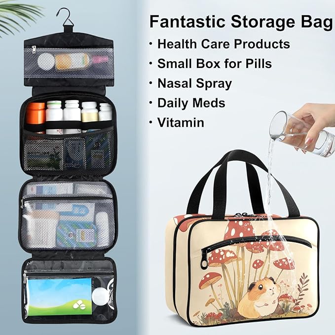 Fustylead Lovely Guinea Pig and Mushrooms Empty Travel First Aid Bag Large Home Medication Bag with Zipper for Pills,Vitamin,Fish Oil,Supplements for Women and Men