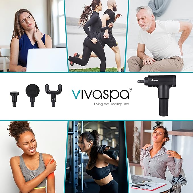 Vivitar Vivaspa Handheld Cordless & Rechargeable Massage Gun with LCD Display for Athletes, Percussive Deep Tissue Percussion Massager with 4 Interchangeable Heads and 6 Speed Modes, Black