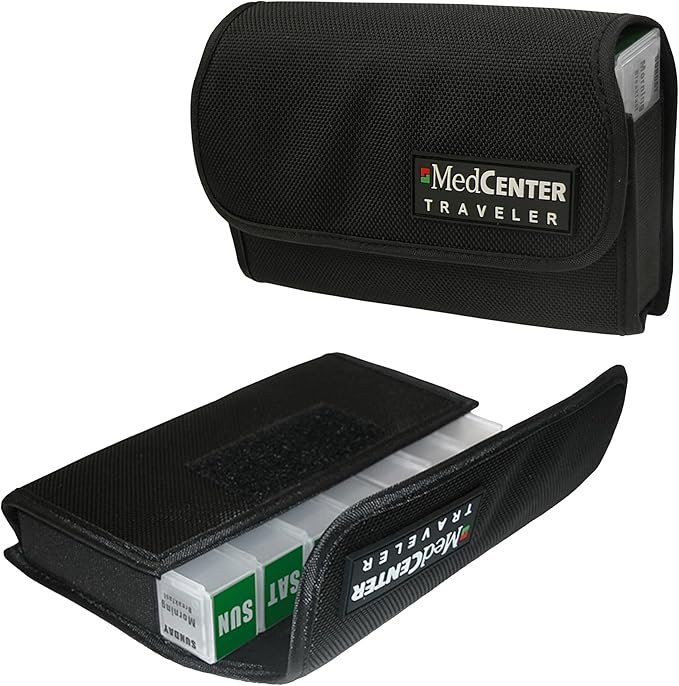 MEDCENTER Traveler 7 Day Pill Organizer HSA/FSA, Portable Travel Pill Case, Medication Organizer & Nylon Pill Container w/ 4 Daily Compartments, Standard Size