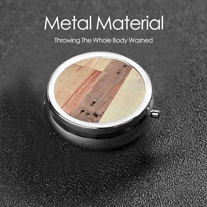 Rustic Wood Background Printed Round Pill Box Portable Mini Pill Case Metal Iron Plating Pill Organizer with 3 Compartment for Pocket Purse