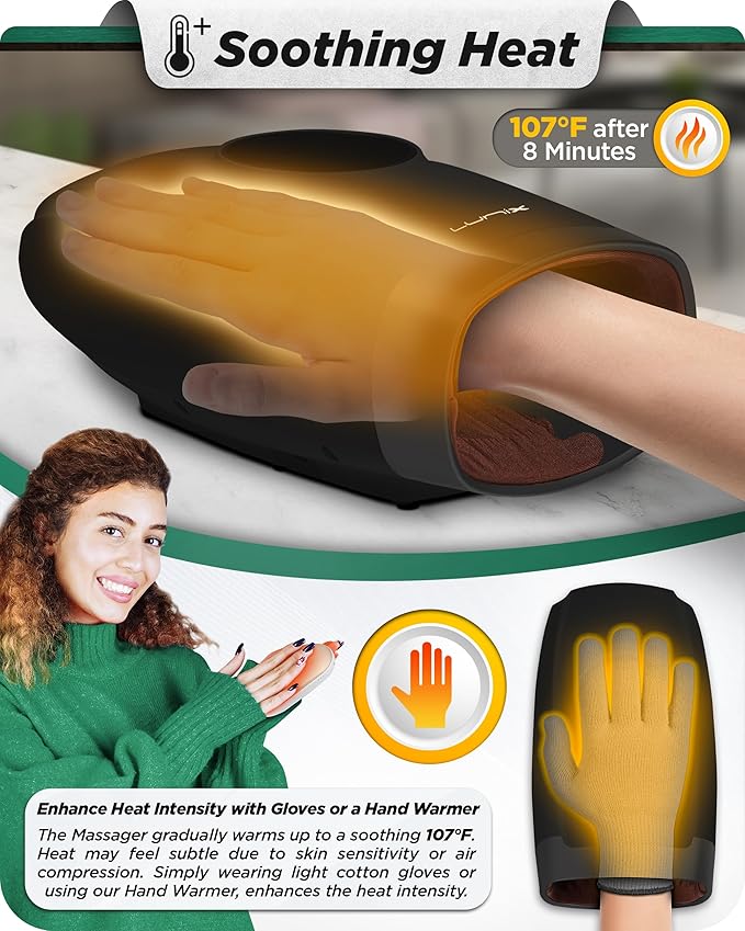 Lunix LX7 FSA Carpal Tunnel & Wrist Pain Relief Device, Heated Air Compression Hand Massager for Arthritis, Mothers Day Gifts for Women & Mom, Touchscreen, Charcoal Black
