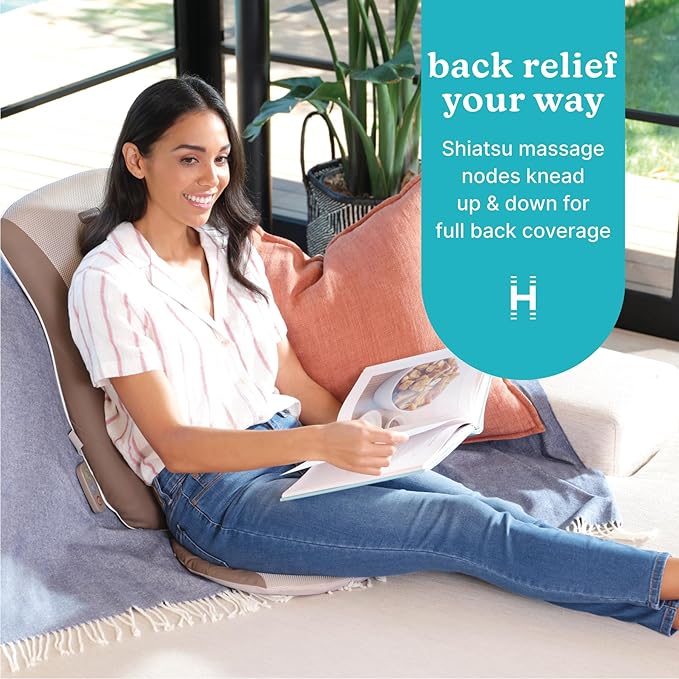 Homedics Shiatsu Back Massage Cushion with Adjustable Speeds and Comforting Heat Fits Most Chairs, Brown, 1 Count