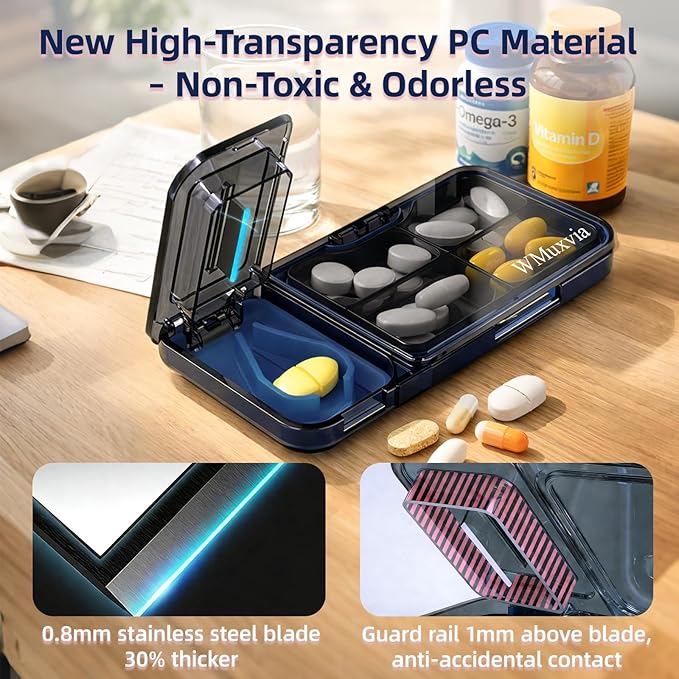Portable Pill Cutter with Pill Organizer, 4-Compartment BPA-Free Moisture-Proof Pill Box, V-Slot Design for All Pills, Thickened Steel Blade & Safety Guard (Gray)