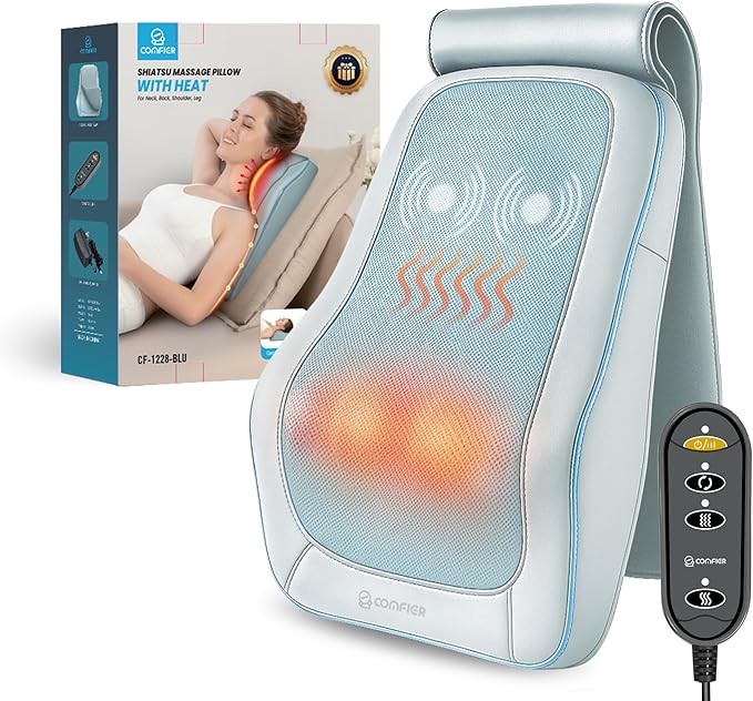 COMFIER Shiatsu Back Massager with Heat & Vibration, 3D Deep Kneading Back Massage for Pain Relief, Home Office Use,Blue