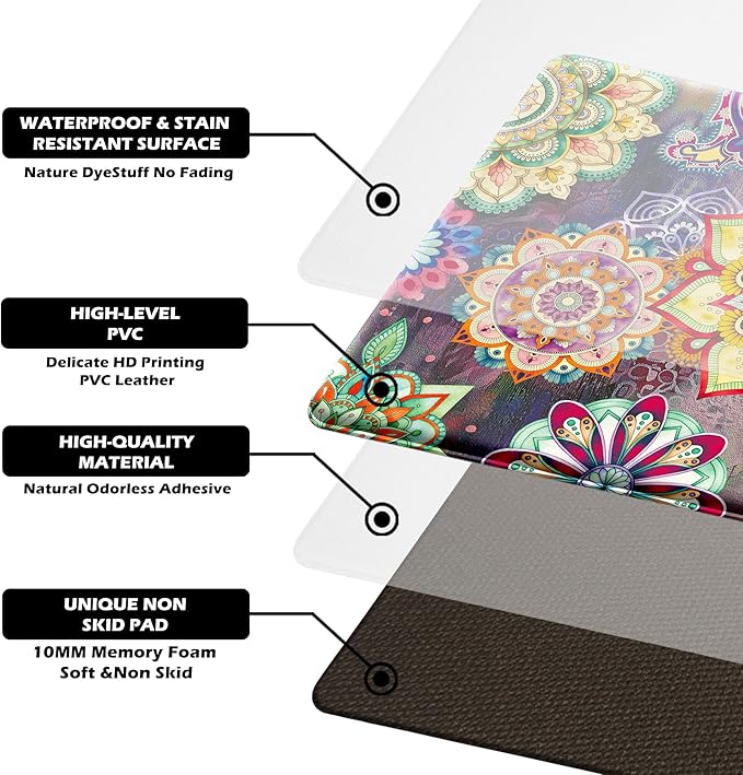 Boho Red Floral Kitchen Rugs Mats for Floor 2 Piece Memory Foam Padded Kitchen Mats Anti Fatigue Non Slip Cushioned Comfort Standing Mat, 17.3x28+17.3x47 Inch