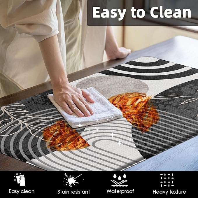 Kitchen Mats for Floor 2 PCS, Anti Fatigue Mat Set, Boho Cushioned Non Slip Waterproof Kitchen Rugs, Wipe Clean PVC Leather Runner for Sink, Laundry, Office, 17"x47"+17"x29", Black