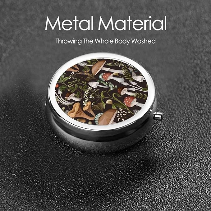 Metal Silver 3 Compartment Pill Box Pocket Portable Mini Travel Pill Case Small Round Decorative Medicine Box Vitamin Pill Organizer with Insect Mushroom