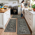 Kitchen Mats for Floor 3PCS Anti Fatigue Cushioned PVC Kitchen Rugs Non Slip Waterproof Botanical Floral Rugs Comfort Standing Mat for Laundry, Desk, Bar, Office Black