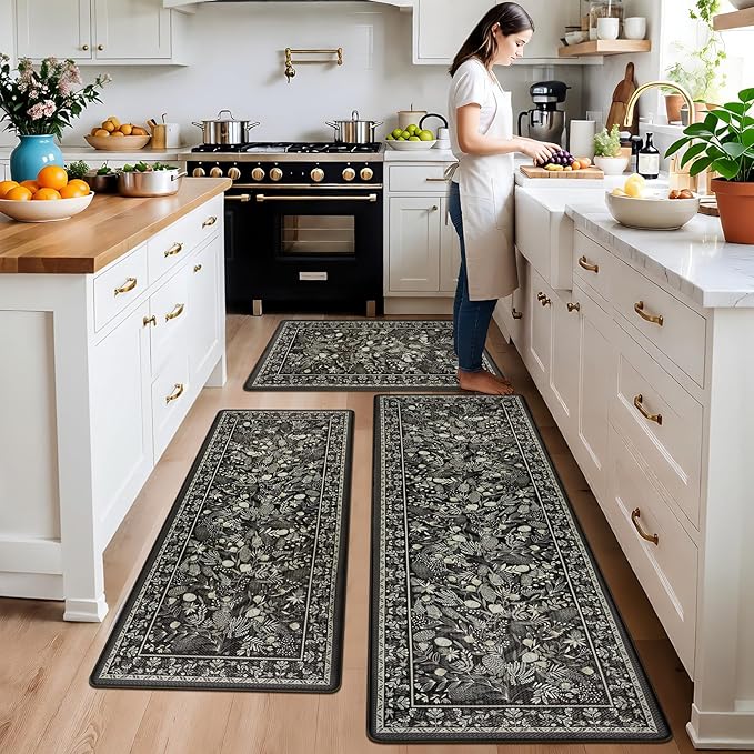 Kitchen Mats for Floor 3PCS Anti Fatigue Cushioned PVC Kitchen Rugs Non Slip Waterproof Botanical Floral Rugs Comfort Standing Mat for Laundry, Desk, Bar, Office Black