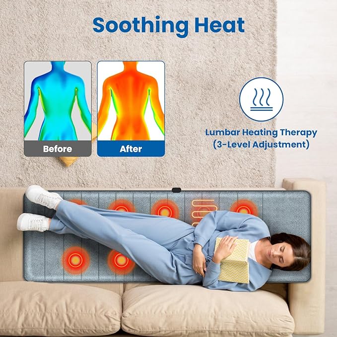 Full Body Massage Mat with Heat, Electric Heating Pad Massage Mat with Inflatable Head Pillow Lumbar Pillow, Massage Chair Pad with 10 Vibrating Motors, 9 Massage Modes and 3 Heating Settings