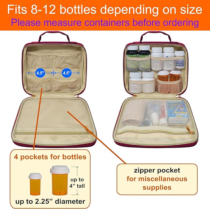 Medium Pill Bottle Organizer, Medicine Bag, Case, Carrier for Medications, Vitamins, and Medical Supplies - Travel Medicine Organizer Home Storage Med Bag - Ultrasonic Red Wine (No Lock)