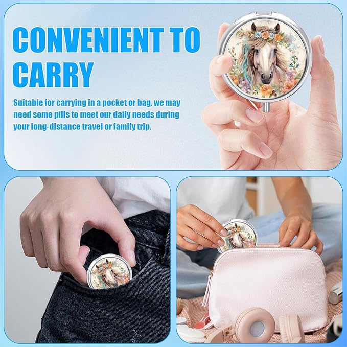 Watercolor Horse Flower Pill Case, Pill Box 3 Compartments Metal Small Pill Holder with Mirror Mini Travel Pill Container for Purse Pocket Women Men