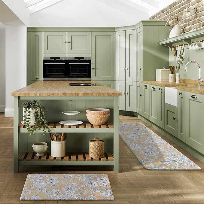 Laura Ashley - Anti-Fatigue Kitchen Mat, Iris Floral Design, Stain, Water & Fade Resistant, Cooking & Standing Relief, Non-Slip Backing, 2 Piece Set, Tawny Yellow