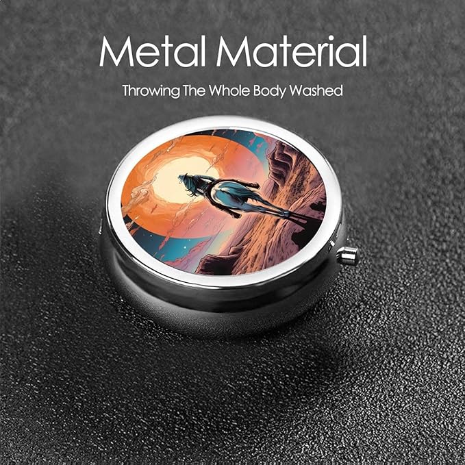 Retro Cartoon Cowgirl Sunset Pill Box 3 Compartment Pill Case, Portable Medicine Pill Organizer for Pocket Purse Pill Box Decorative Metal Medicine Vitamin Organizer