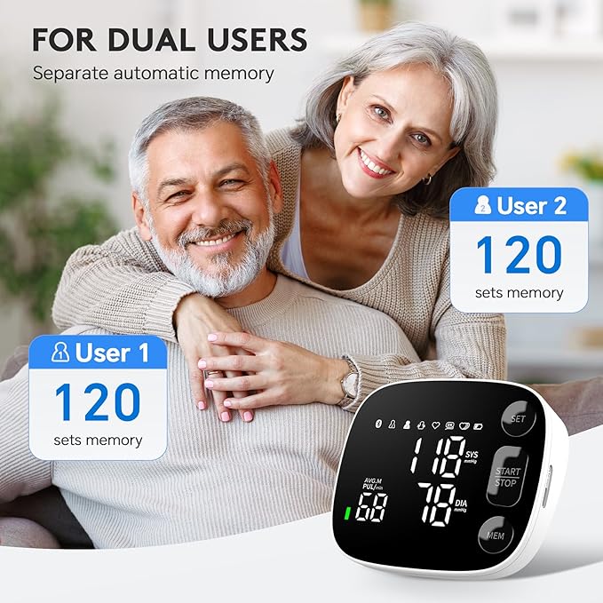 Blood Pressure Monitor Automatic Upper Arm BP Machine for Home Use with Bluetooth App Sync 2x120 Memory Accurate Reading, Large LED Backlit Display Adjustable Cuff 8.7"-16.5" with Storage Bag