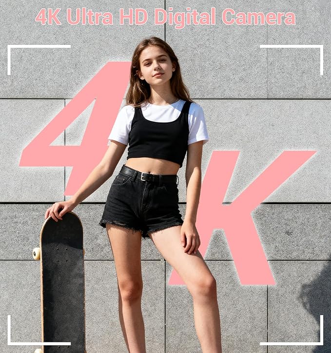 Digital Camera,Upgraded FHD 4K Pink Digital Camera for Teens Girls,Compact Digital Cameras with 64GB Memory Card,2 Batteries,Small Camera with 16X Autofocus Digital Zoom for Vlogging
