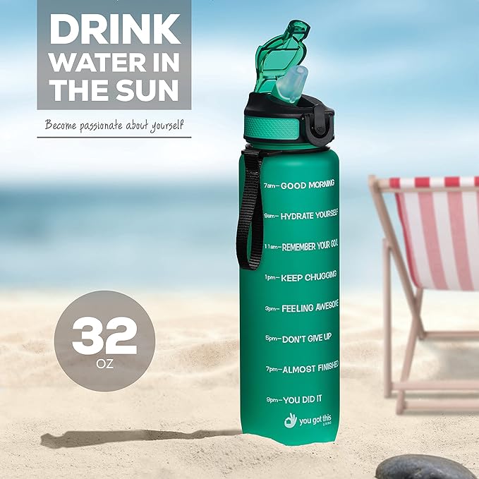Motivational Water Bottle with Time Marker, 32 oz Water Bottle, Sports Water Bottle with Spout, Achieve All-Day Hydration SpillProof, BPA FREE