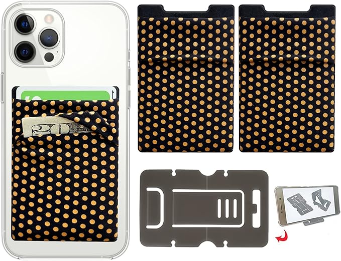 RFID Blocking Phone Card Wallet Stretchy Lycra Wallet Pocket Credit Card ID Case Pouch Sleeve Adhesive Sticker Compatible with iPhone Android Smartphones (Polka Dot Yellow)-2PC