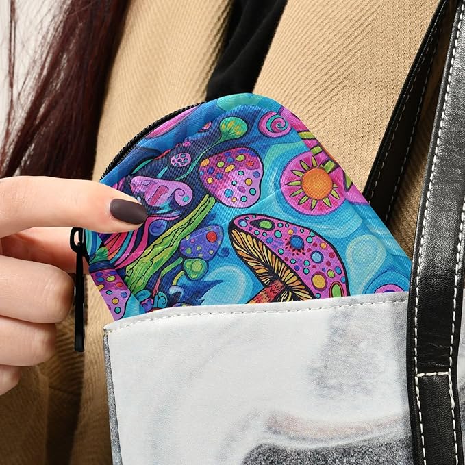 Fustylead 60s Hippie Aesthetic Colorful Art Mushroom Travel Pill Organizer Case Zipper for Purse with Removable Weekly Pill Box for Medicine, Vitamin, Supplement Medicine Organizer