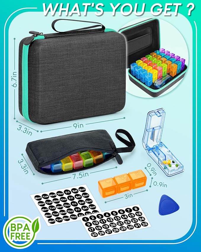 Monthly Pill Organizer 3 Times a Day, with Portable Hard Shell, Pill Cutter, 31-Day Box, Plastic Opening Pick, Monthly & Weekly Stickers, Convenient Medication Management (Black, 3 Times a Day)