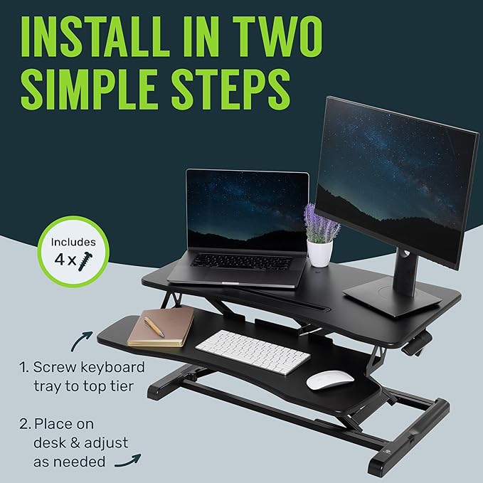 TechOrbits Standing Desk Converter-32-inch Height Adjustable, MDF Wood, Sit Riser-Black, 32"