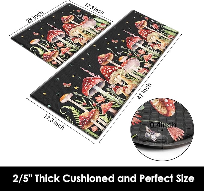 Arttown Black Anti-Fatigue Kitchen Rug Set of 2 Mushroom Floral Red Cushioned Floor Standing Mat Waterproof Non-Slip Mat and PVC Ergonomic Comfort Foam Rug