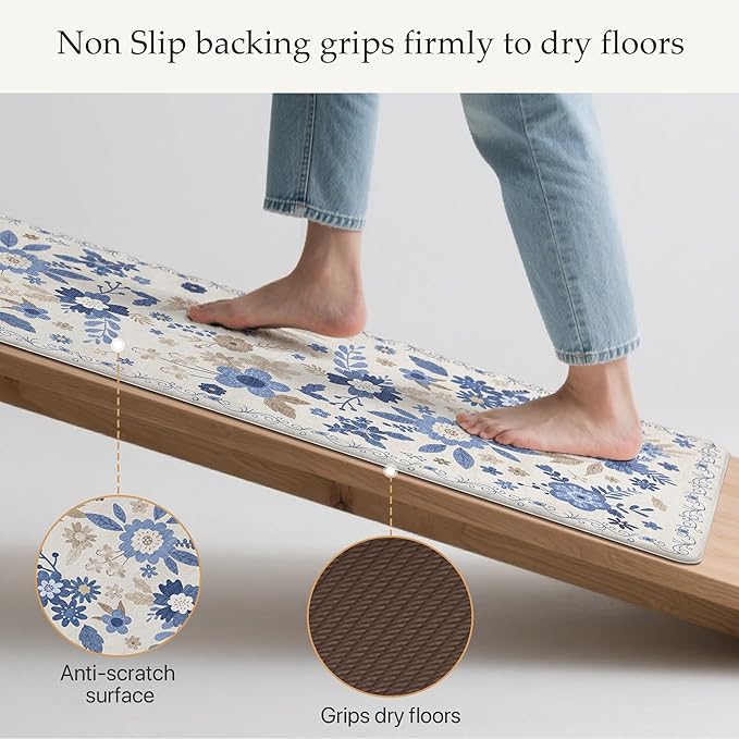 GENIMO Kitchen Mats for Floor 2PCS, Cushioned Kitchen Rugs Non Slip Washable, Farmhouse Anti Fatigue Mat Waterproof, Comfort Standing Mat Rug for Office, Home, Laundry, 17.3"x47"+17.3"x30", Beige&Blue