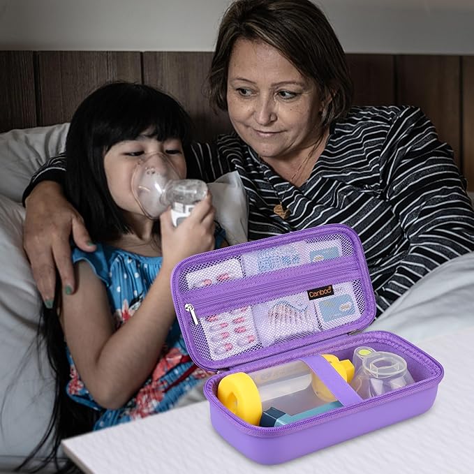 Canboc Carrying Case for Asthma Inhaler, Handheld Spacer for Adults, Mask, Inhaler Spacer Bag with Removable Shoulder Strap, Mesh Pocket fit Medicine or Essentials, Purple (Case Only)