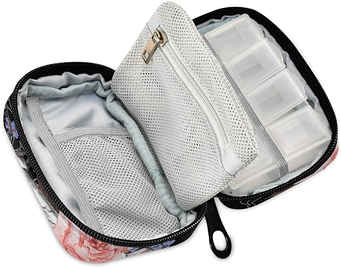Naanle Watercolor Flower Skull Pill Box 7 Day Pill Case Travel Pill Organizer Bag with Zipper Portable Weekly Case Compact Size for Vitamin Supplement Holder
