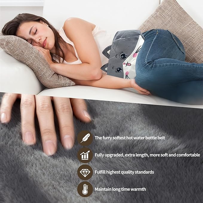 Hot Water Bag, Hot Water Bottle wtih Cover, 1L Rubber Warm Hot Water Bottles Pouch with 130cm Long Soft Waist Cover for Neck, Shoulder, Back, Hand, Legs and Period Pain Relief
