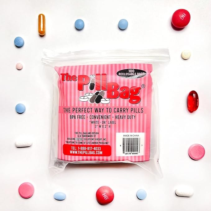 | Medicine Pill Organizer with Labels for AM/PM | Resealable Disposable Pill Pouches for Medicine, Vitamins, Gummies | Plastic Pill Bags for Travel | Standard Size | 100 Count